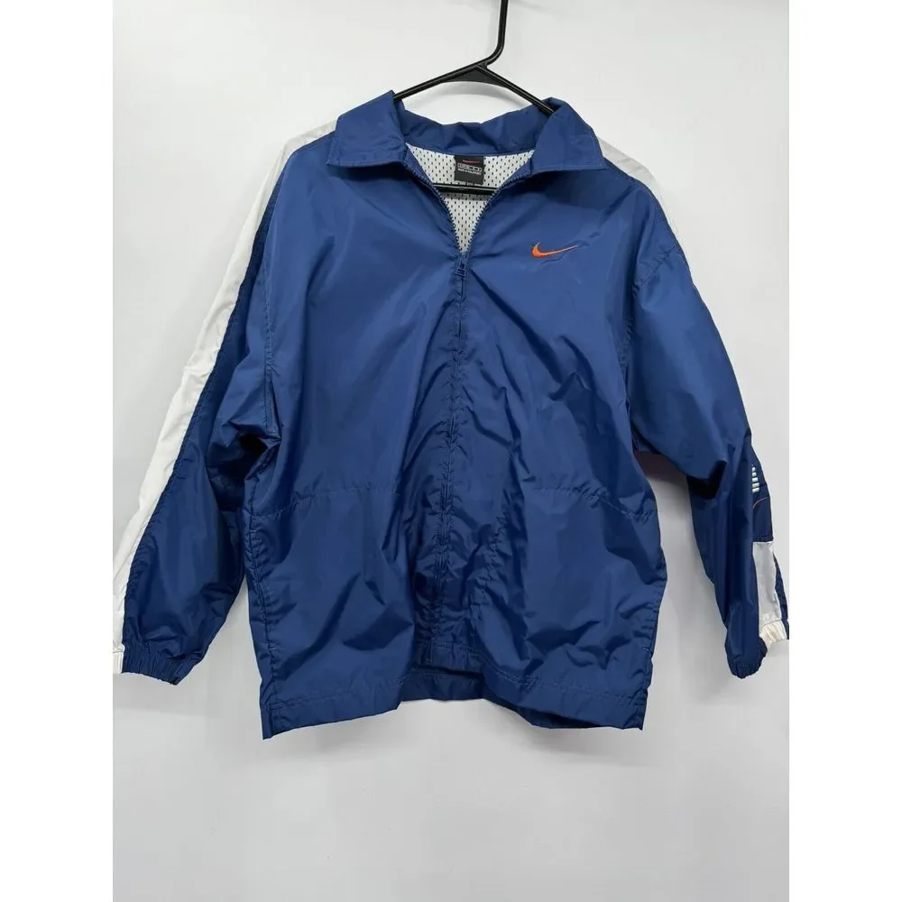 Nike Large Kids Windbreaker Jacket Blue White Full Zip Mesh Lined Swoosh‎ Logo